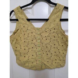 Together Yellow Eyelet Button-Front Sleeveless Crop Top Size 2 100% Cotton Women